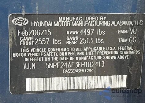 2015 Hyundai Sonata Se из США, поврежденный, VIN 5NPE24AF3FH182413